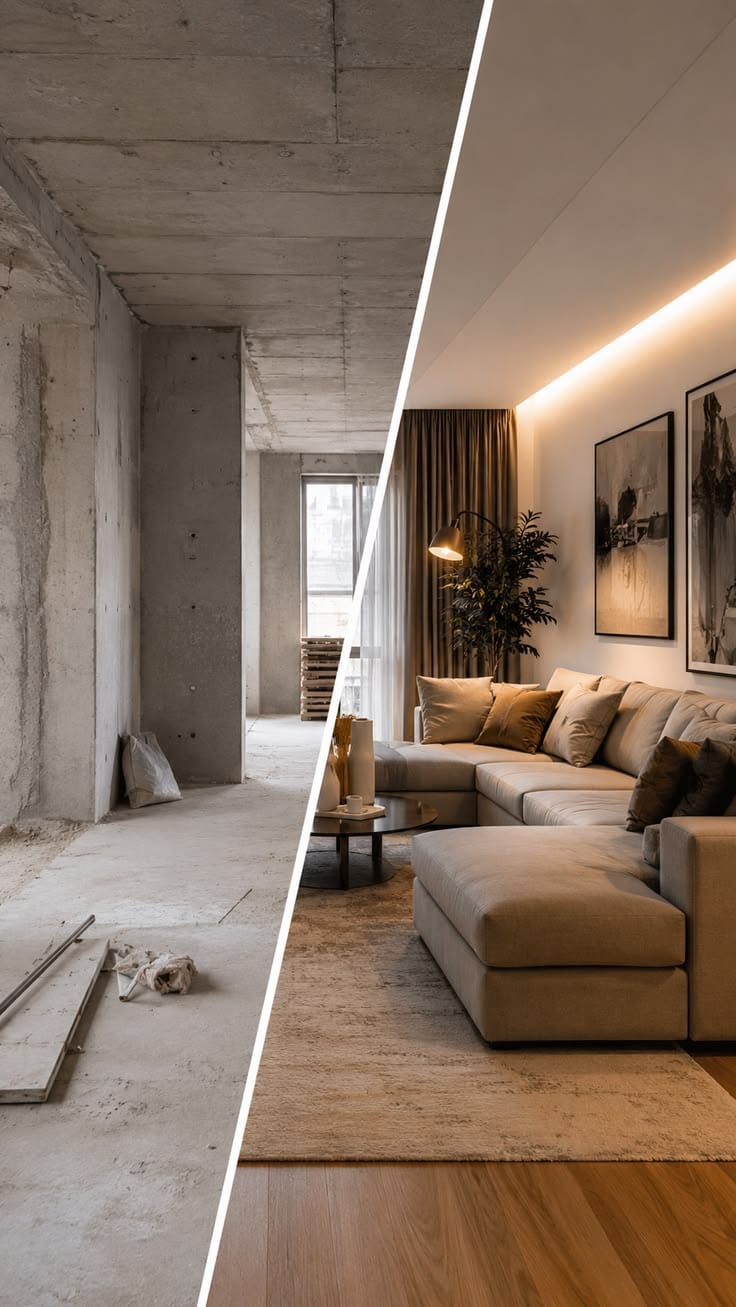 Espaço em obra e ambiente remodelado lado a lado